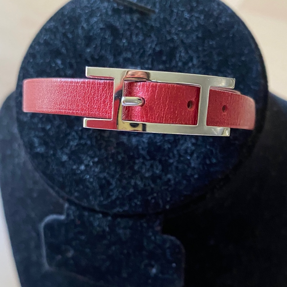 Authentic Hermes Red Leather Bracelet with Silver Buckle